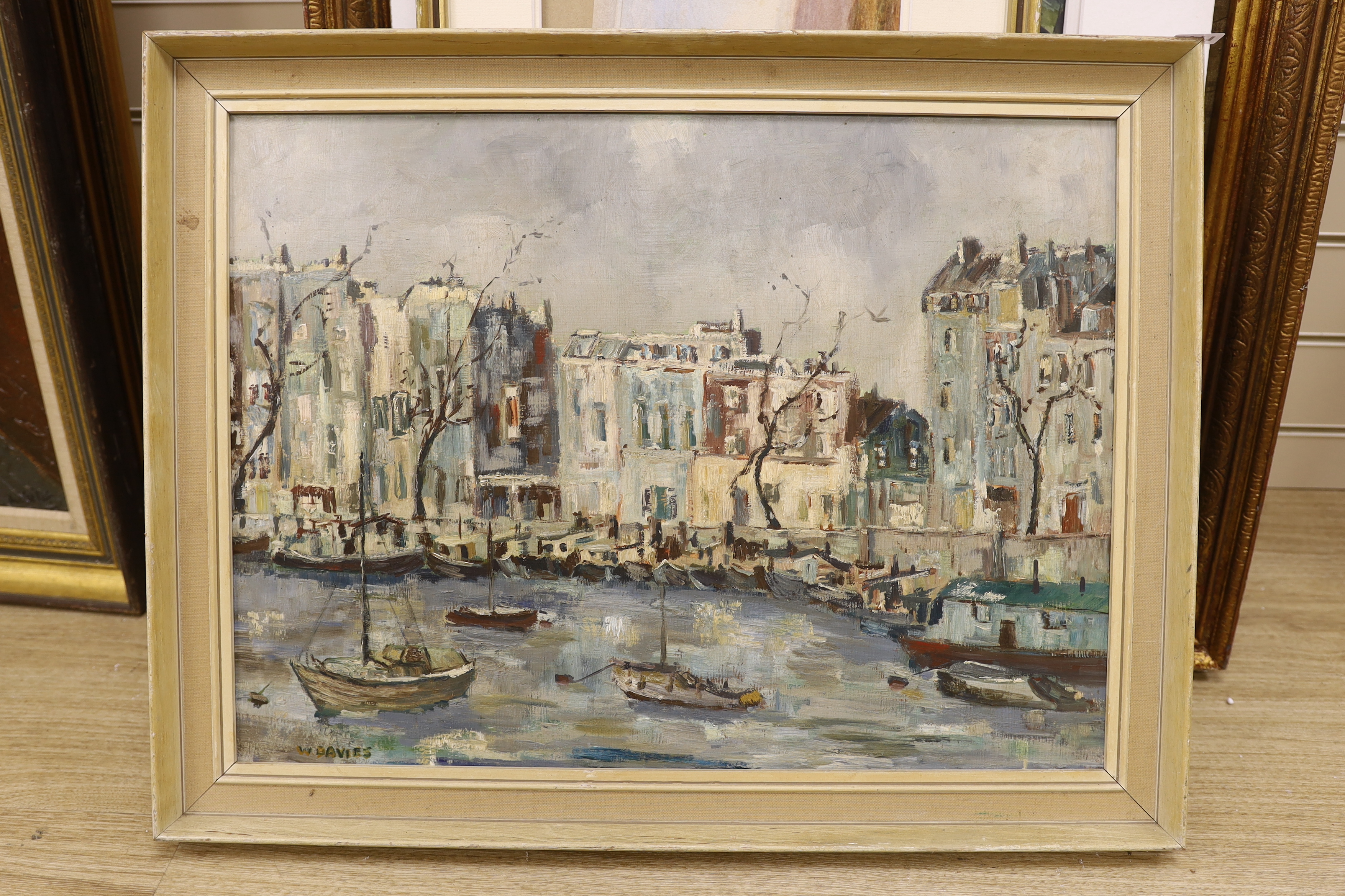 William Davies (b.1928-) Wapping Group, oil on board, 'Houseboats at Chelsea’, signed, 44 x 60cm